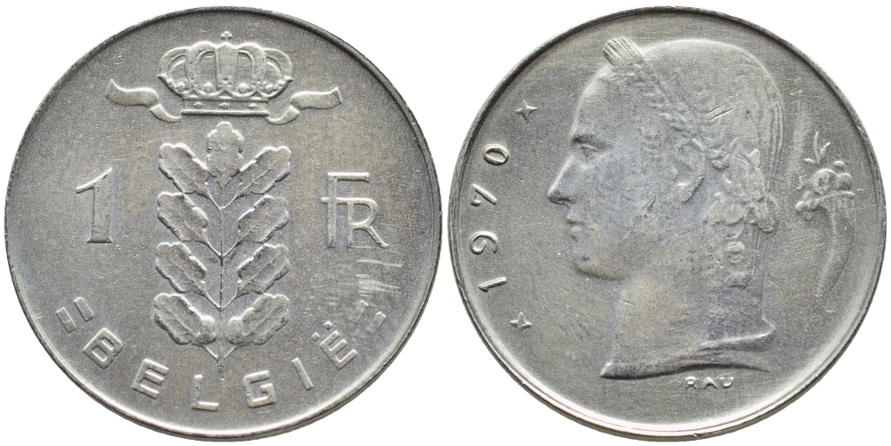 БЕЛЬГИЯ 1 ФРАНК 1970 BELGIE KM 143.1 медно-никель 4385-456