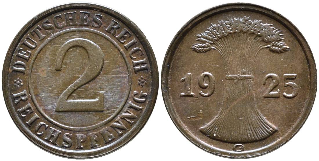ГЕРМАНИЯ 2 РЕЙХСПФЕННИГА 1925 G, ВЕЙМАРСКАЯ РЕСПУБЛИКА (1919-1933) KM 38, Jager 314, Weege 4 бронза 4546-837