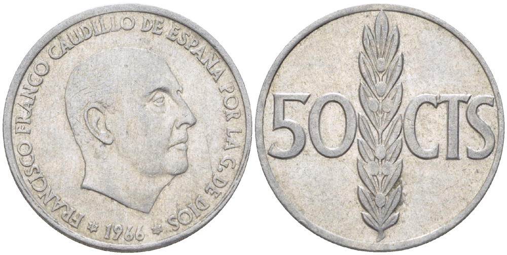 Испания 50 сентимо 1966 (68) Франсиско Франко (1939-1975) KM 795 алюминий 4181-1063