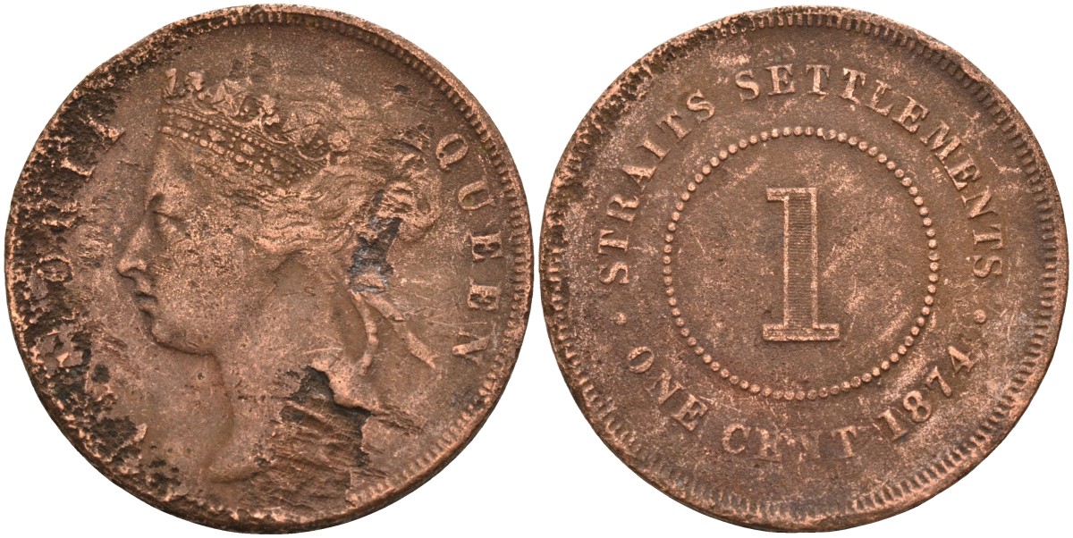 Стрейтс-Сетлментс 1 цент 1874 Виктория (1837-1901), Ост-Индская компания KM 9 медь 4590-332