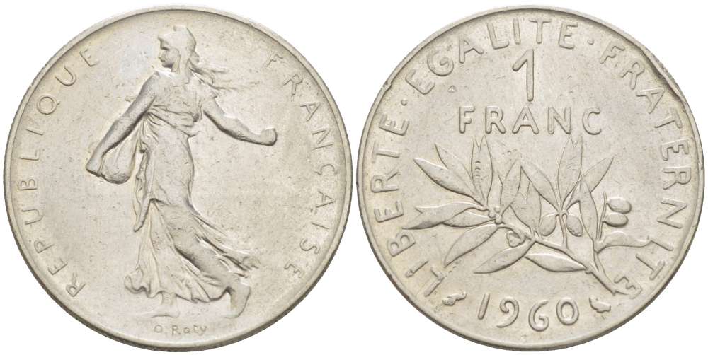 ФРАНЦИЯ 1 ФРАНК 1960 СЕЯТЕЛЬ KM 925.1, LE FRANC 226.22 никель 4519-835