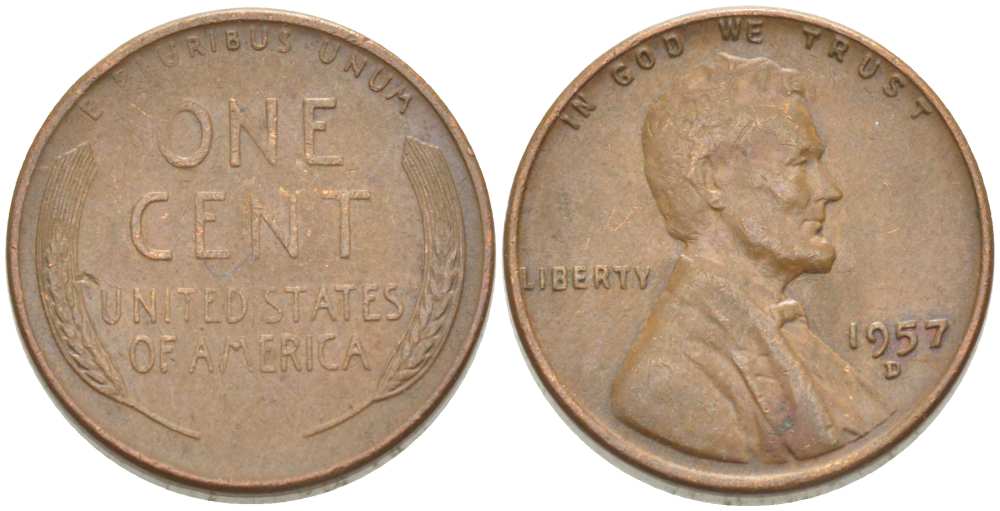 США 1 ЦЕНТ 1957 D, ЛИНКОЛЬН KM А132 медь цинк 3309-1216
