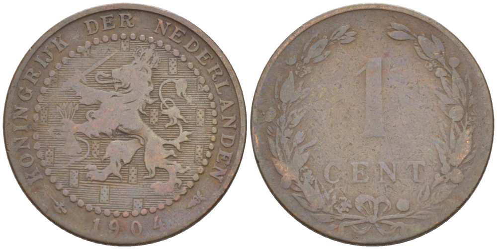 НИДЕРЛАНДЫ 1 ЦЕНТ 1904 ВИЛЬГЕЛЬМИНА I (1890-1948) KM 132.1 бронза 217-1143