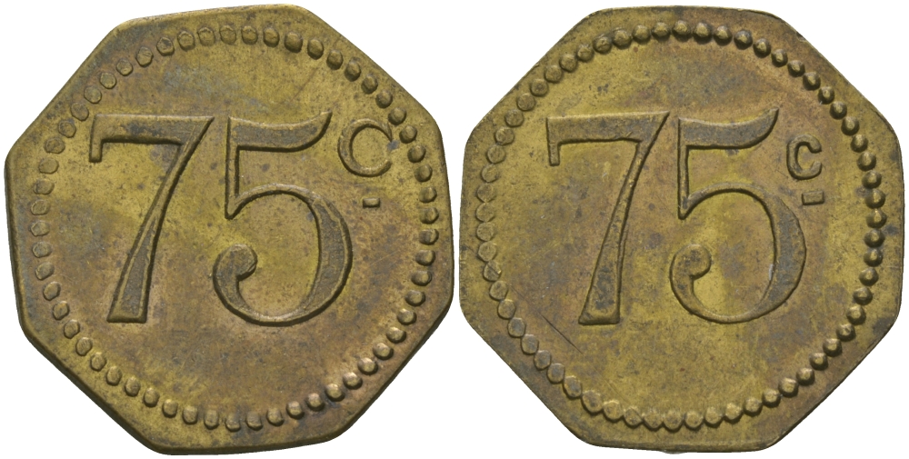 ФРАНЦИЯ 75 САНТИМОВ ND ПЛАТЕЖНЫЙ ЖЕТОН НАЧАЛА XX ВЕКА, ВОСЬМИУГОЛЬНАЯ, РАЗМЕР 22 ММ. латунь 65-333