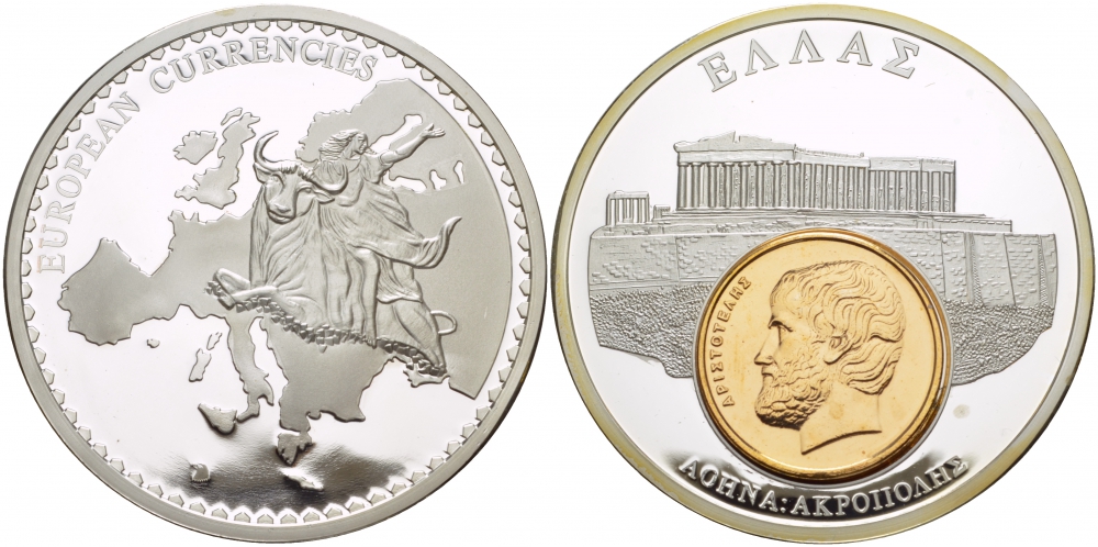 НИДЕРЛАНДЫ МЕДАЛЬ ND МОНЕТА НА МЕДАЛИ, СЕРИЯ ДОЕВРОВЫЕ ЕВРОПЕЙСКИЕ МОНЕТЫ, ГРЕЦИЯ, 5 ДРАХМ, АФИНЫ, ПАНТЕОН серебрение PROOF 1090-1-12