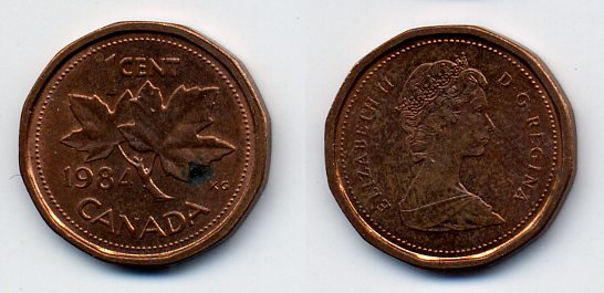 КАНАДА 1 ЦЕНТ 1984 ЕЛИЗАВЕТА II, КЛЕНОВЫЙ ЛИСТ KM 132 бронза 54-2456