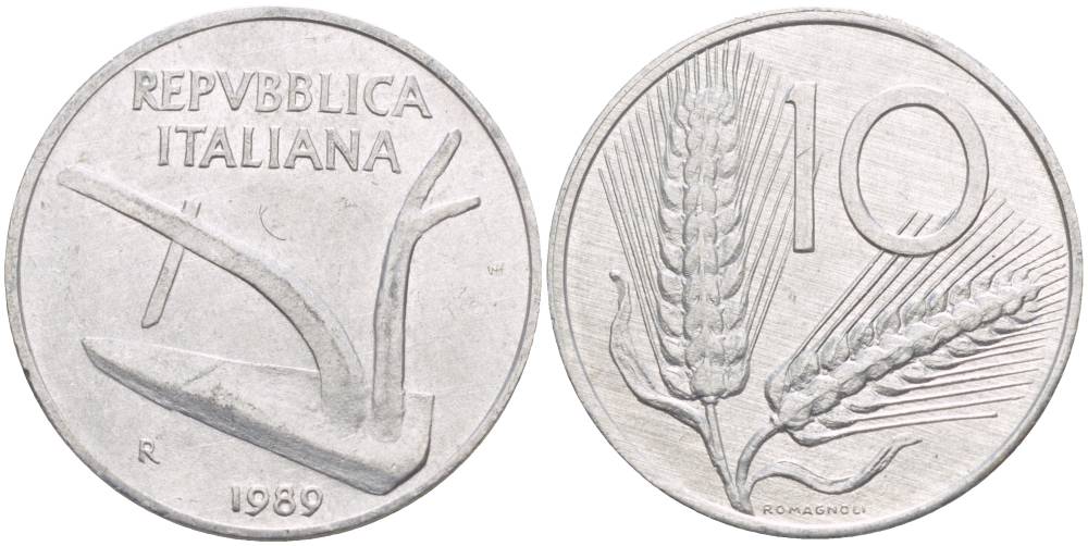 Италия 10 лир 1989 R, колосья, плуг KM 93 алюминий UNC 4551-241