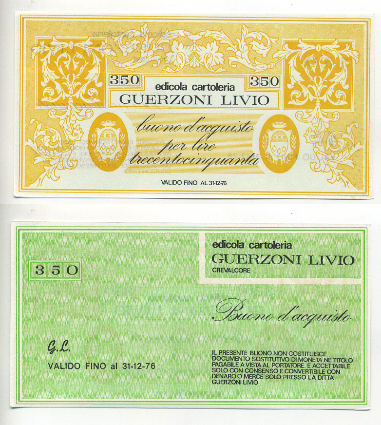 Италия купон на 350 лир ND канцелярский магазин, Guerzoni Livio, действителен до 31.12.1976   бумага  UNC (пресс) 7221-5-3-2