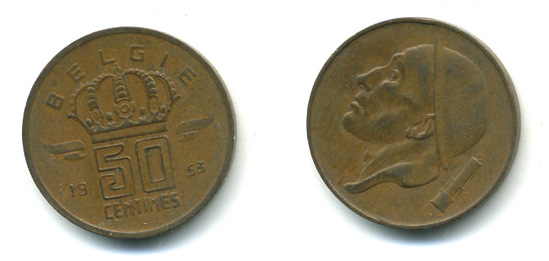 БЕЛЬГИЯ 50 САНТИМОВ 1953 BELGIE KM 145 бронза 86-746