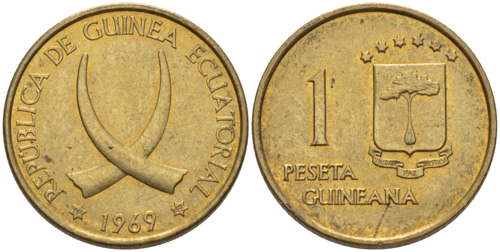 Экваториальная Гвинея 1 песета 1969 республика, диаметр 19,5 мм. KM 1 алюминиевая бронза 66-758