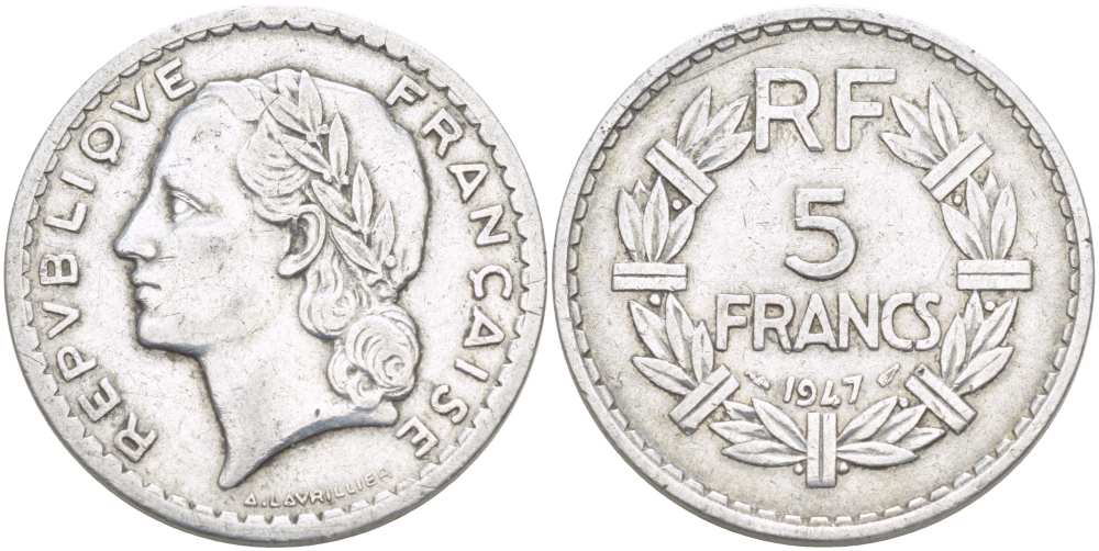 ФРАНЦИЯ 5 ФРАНКОВ 1947 ТИП LAVRILLIER, OPEN 9 KM 888b.1, LE FRANC 339.9 алюминий 215-532