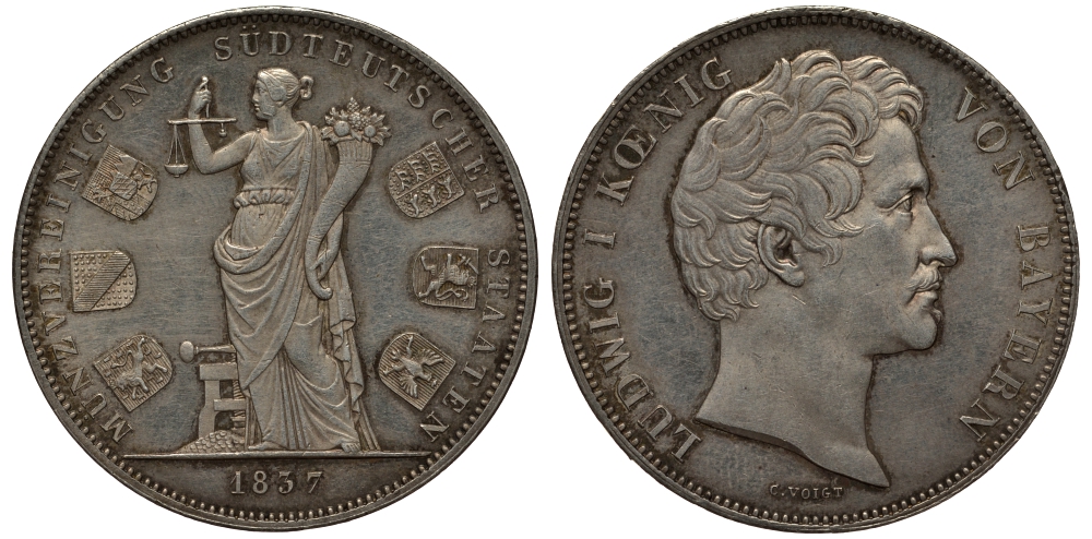Бавария 2 талера 1837 монетный союз шести южных немецких земель KM 792, AKS 98 b; Dav. 581; Kahnt 102 f; Thun 75 серебро 00-815-04