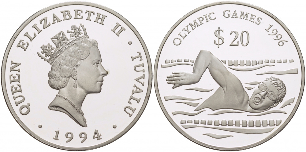 Тувалу 20 долларов 1994 Олимпийские игры 1996 года, плавание KM 24 серебро PROOF 11-101-41