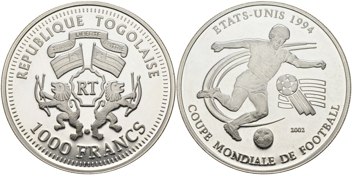 Того 1000 франков 2002 чемпионат мира по футболу 1994 года в США KM 37 серебро PROOF 04-318-24