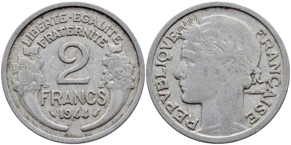 ФРАНЦИЯ 2 ФРАНКА 1944 KM 886а.1 алюминий 4397-734