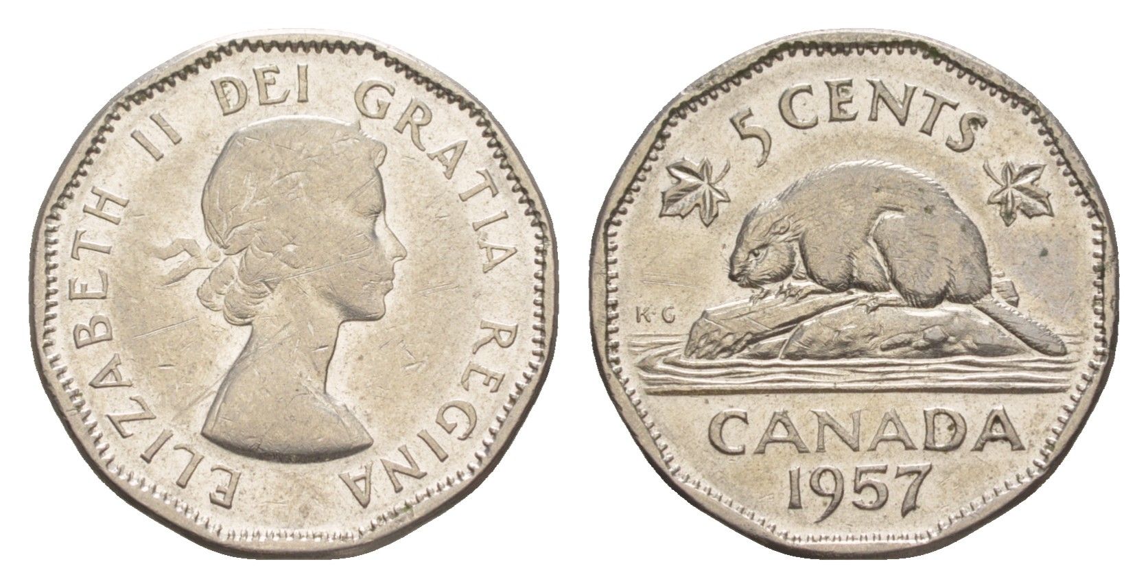 Канада 5 центов 1957 Елизавета II (1952-2022), бобр KM 50a никель 4636-559