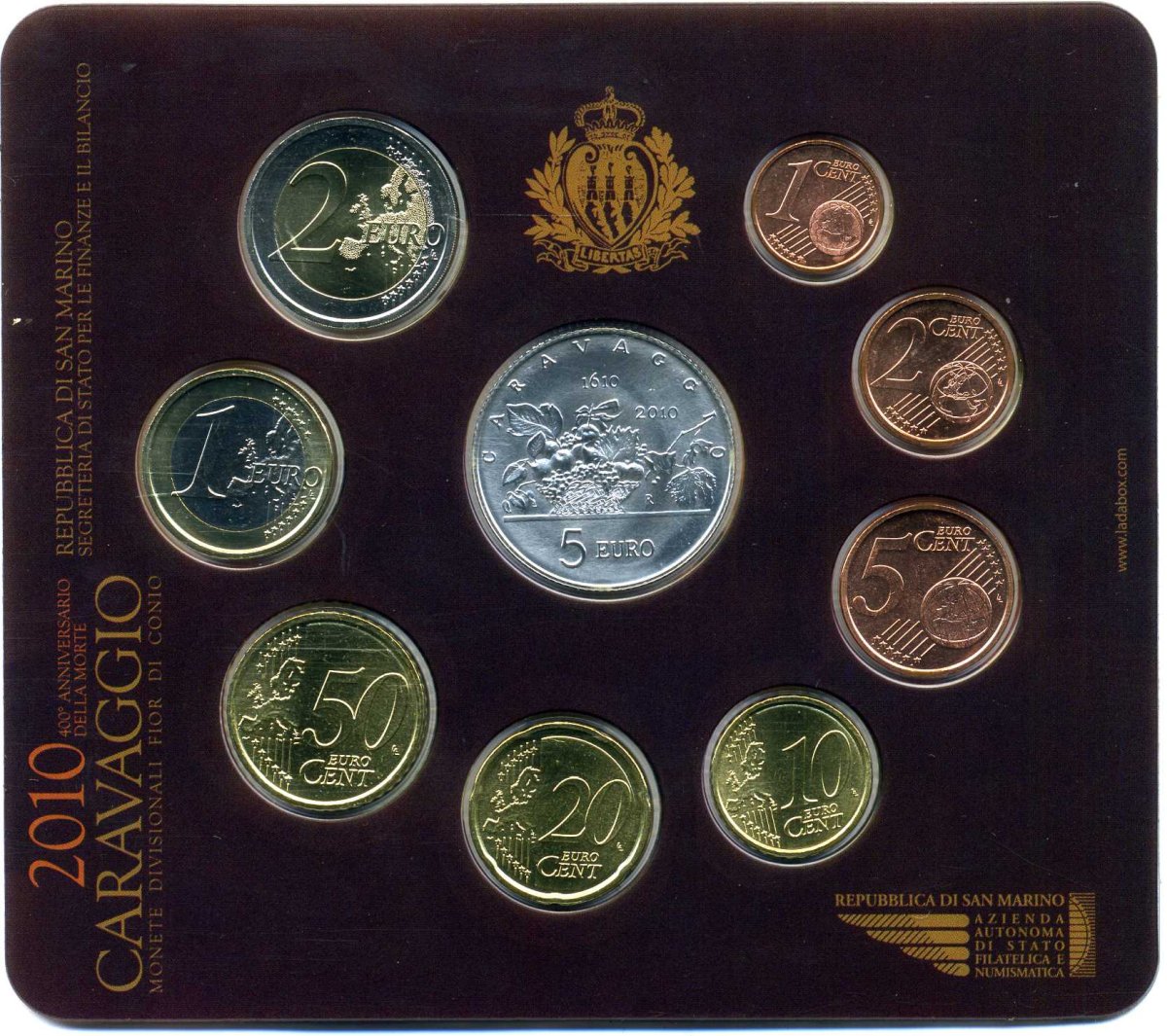 Сан-Марино евронабор из 9 монет 2010 400 лет художнику Караваджо, в оригинальном буклете KM NEW биметалл BUNC 7-1-1-16