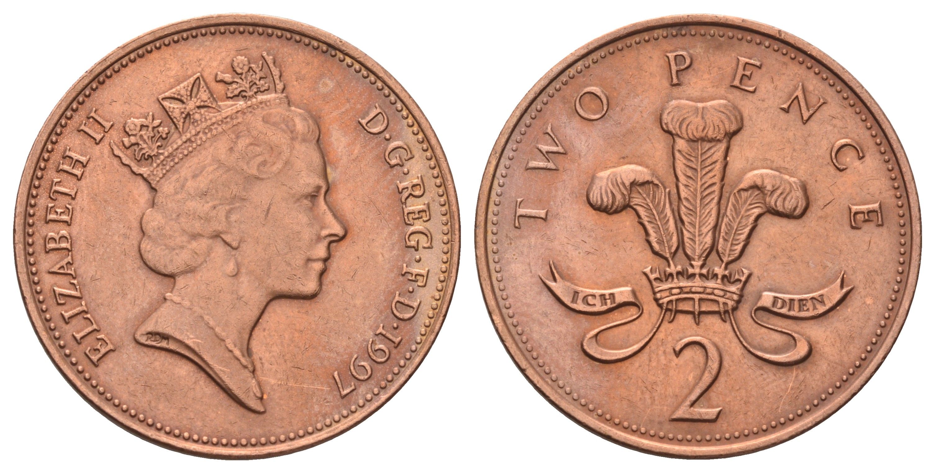 Великобритания 2 пенса 1997 Елизавета II (1952-2022) KM 936a, Spink 4376 (C4) сталь плакированная медью 4671-542