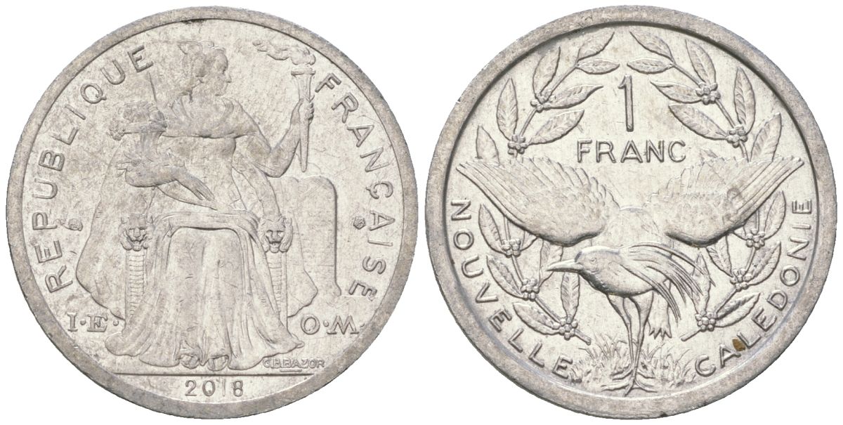 Французская Новая Каледония 1 франк 2018 птица кагу, (IEOM) KM 10, Schoen 10 алюминий 54-1647