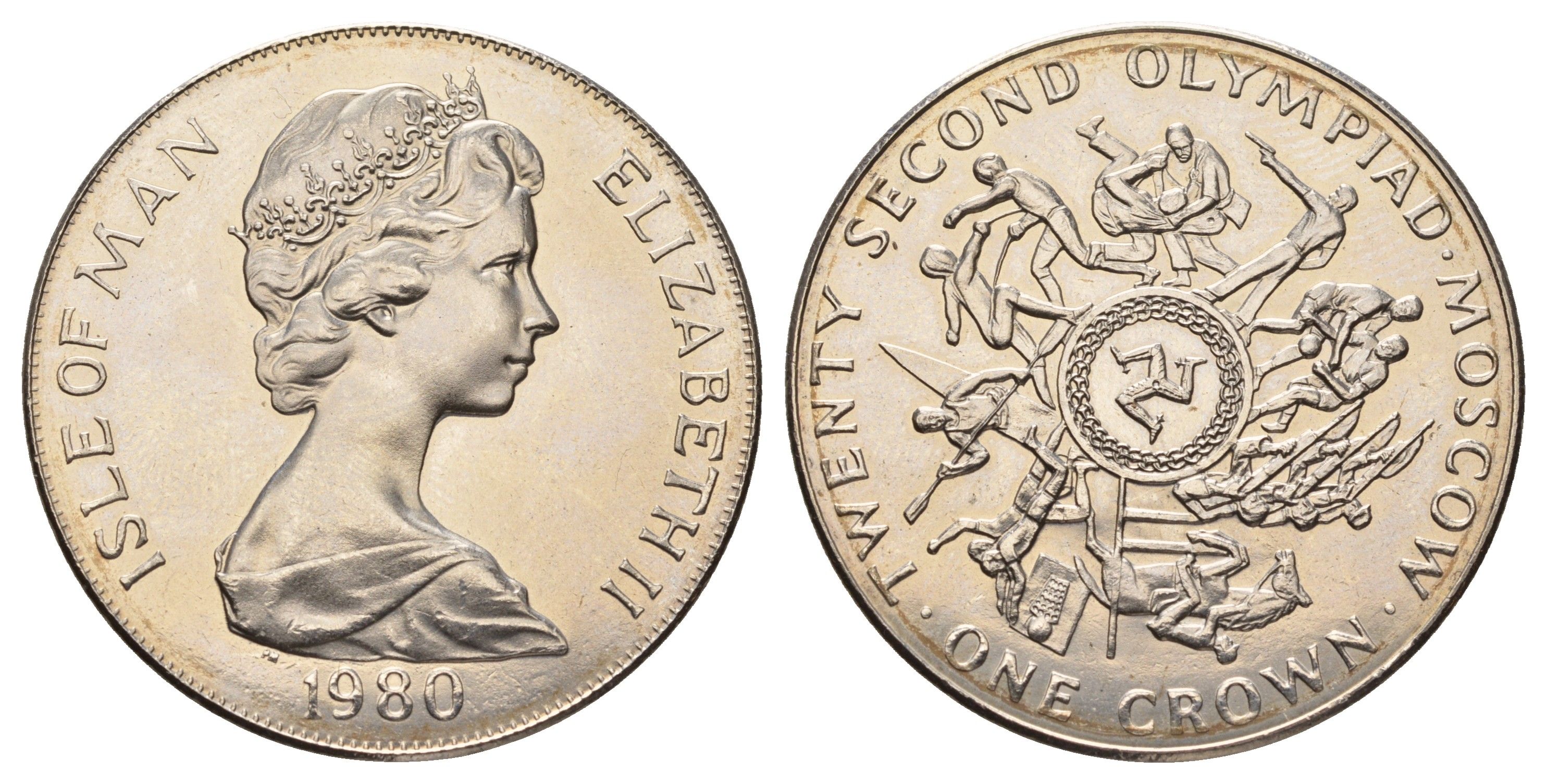 Остров Мэн 1 крона 1980 XXII летние Олимпийские Игры, Москва 1980, борцы вверху монеты KM 67 медно-никель BU 4558-525