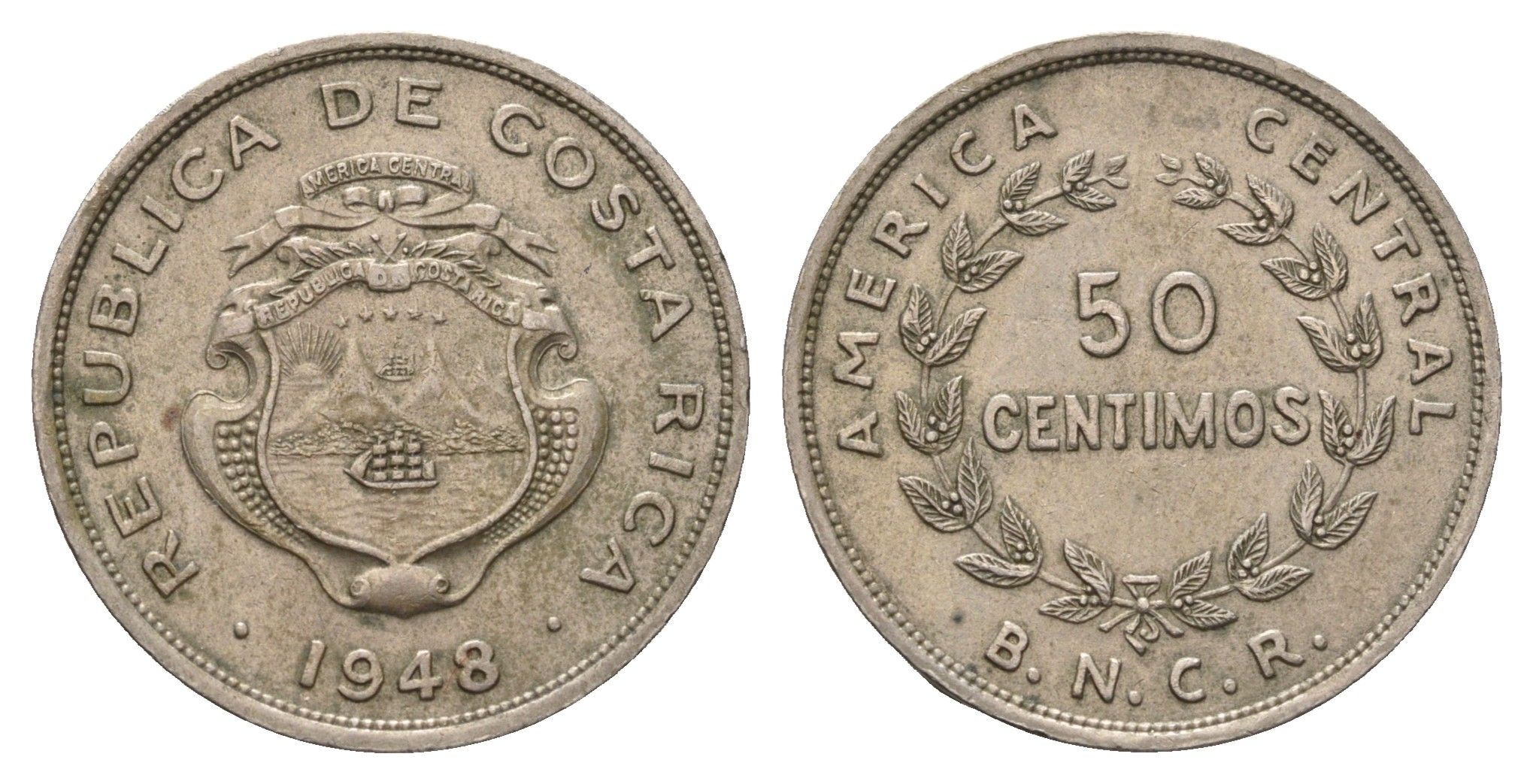 Коста-Рика 50 сентимо 1948 диаметр 26 мм, год-тип KM 182 медно-никель 4693-127