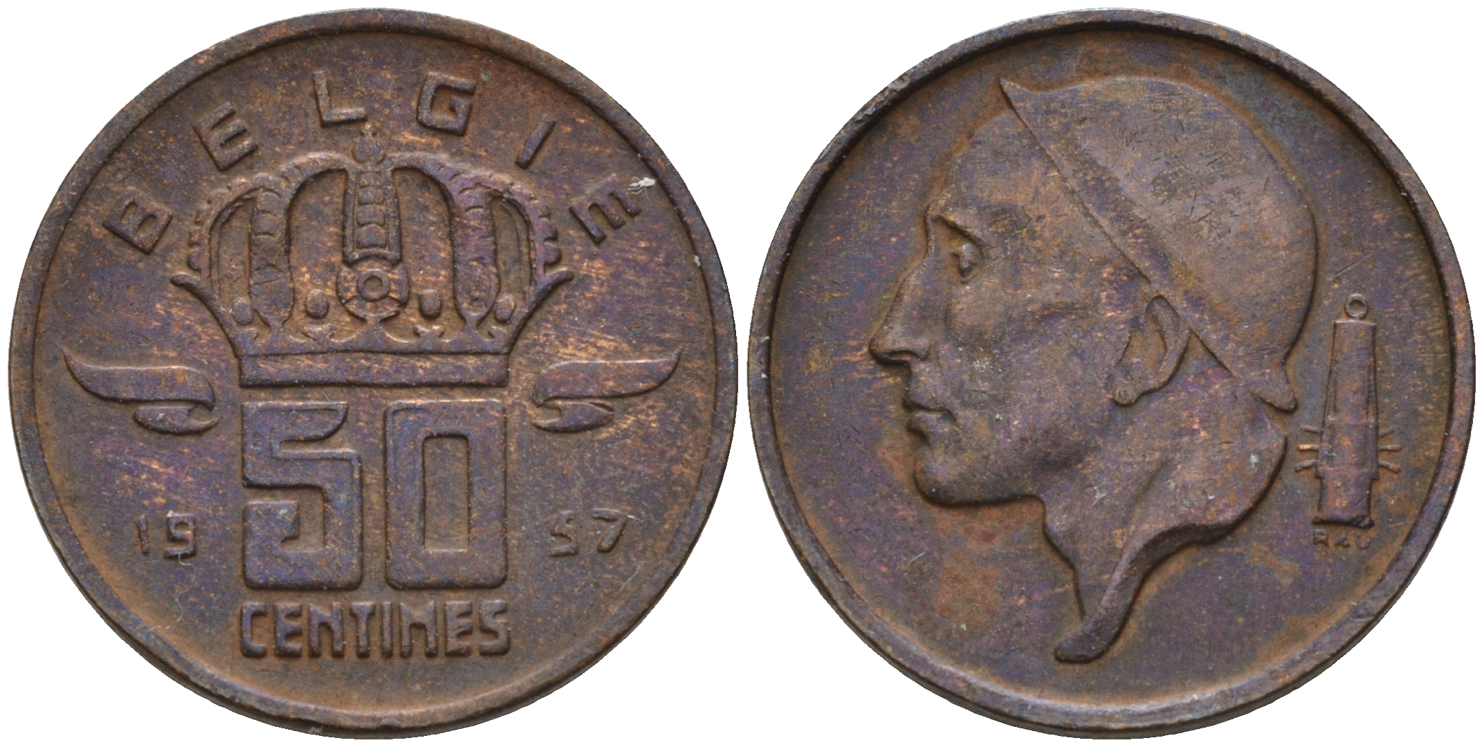 Бельгия 50 сантимов 1957 Belgie, Бодуэн I (1951-1993) KM 149.1 бронза 4189-112