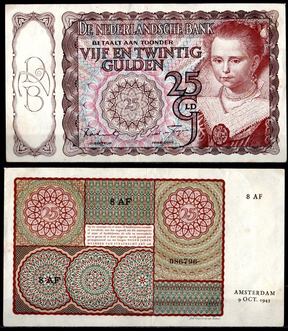 Нидерланды 25 гульденов 1943 "Молодая женщина" (Паулюс Морельс) Pick 60 бумага 451-1137-1