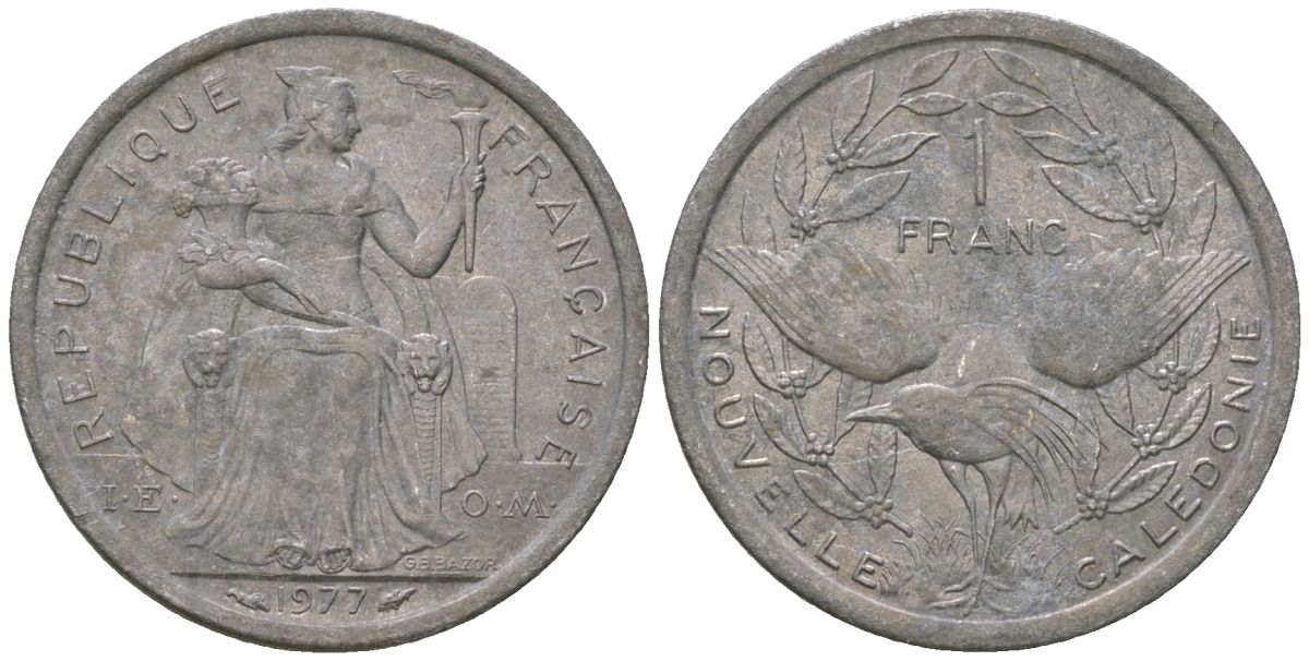 Французская Новая Каледония 1 франк 1977 птица кагу, (IEOM) KM 10, Schoen 10, Lec 40 алюминий    51-1012