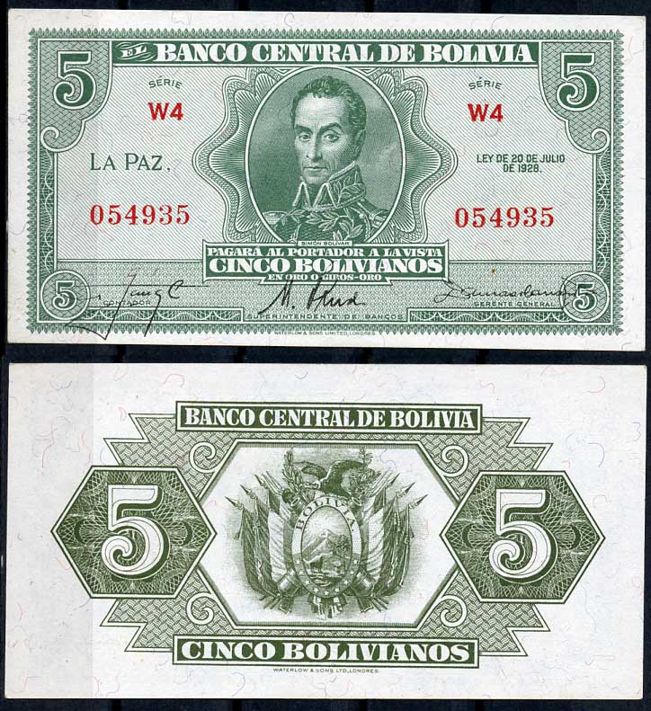 Боливия 5 боливиано 1928 Симон Боливар, серия W4 Pick 129 (2)  бумага   7217-98-2-2