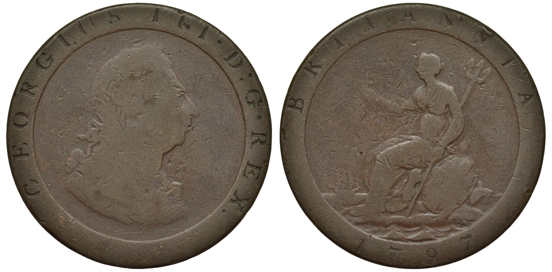Великобритания 1 пенни 1797 Георг III (1760-1820) KM 618, Spink 3777 медь 1524-314