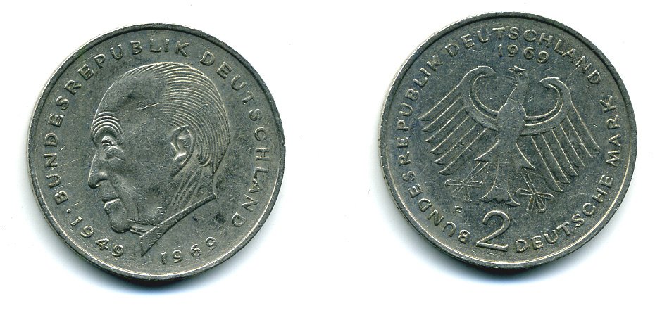 ФРГ 2 МАРКИ 1969 F, КОНРАД АДЕНАУЭР KM 124, J. 406 медно-никель плакированный никелем 35-1457