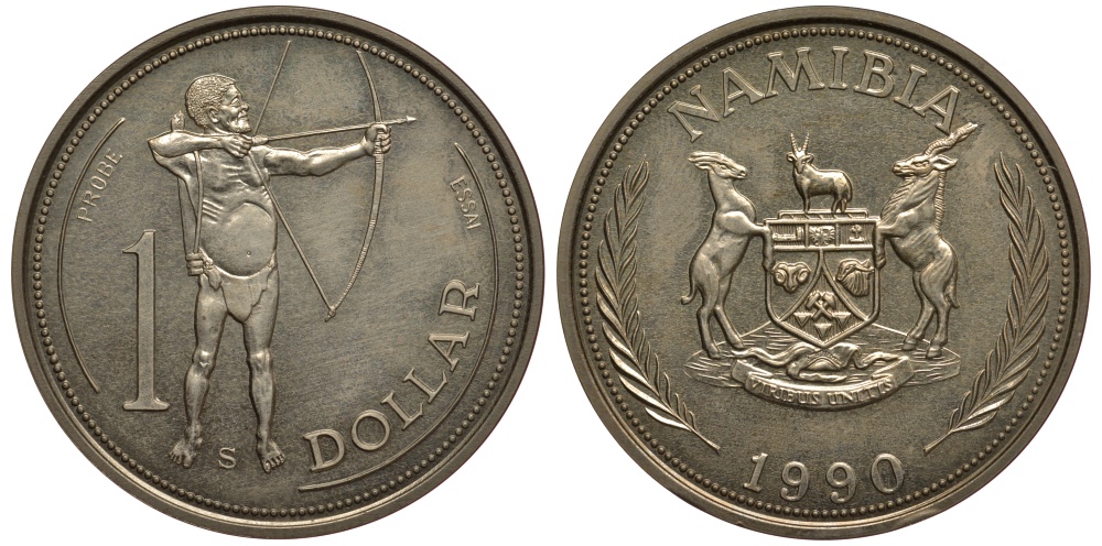Намибия 1 доллар 1990 абориген, PROBA, ESSAI, тираж 1000 экземпляров KM E3 медно-никель UNC 5010-644