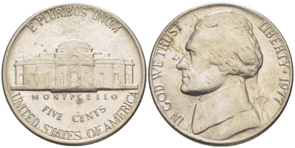 США 5 ЦЕНТОВ 1977 ДЖЕФФЕРСОН KM А192 медно-никель 210-725