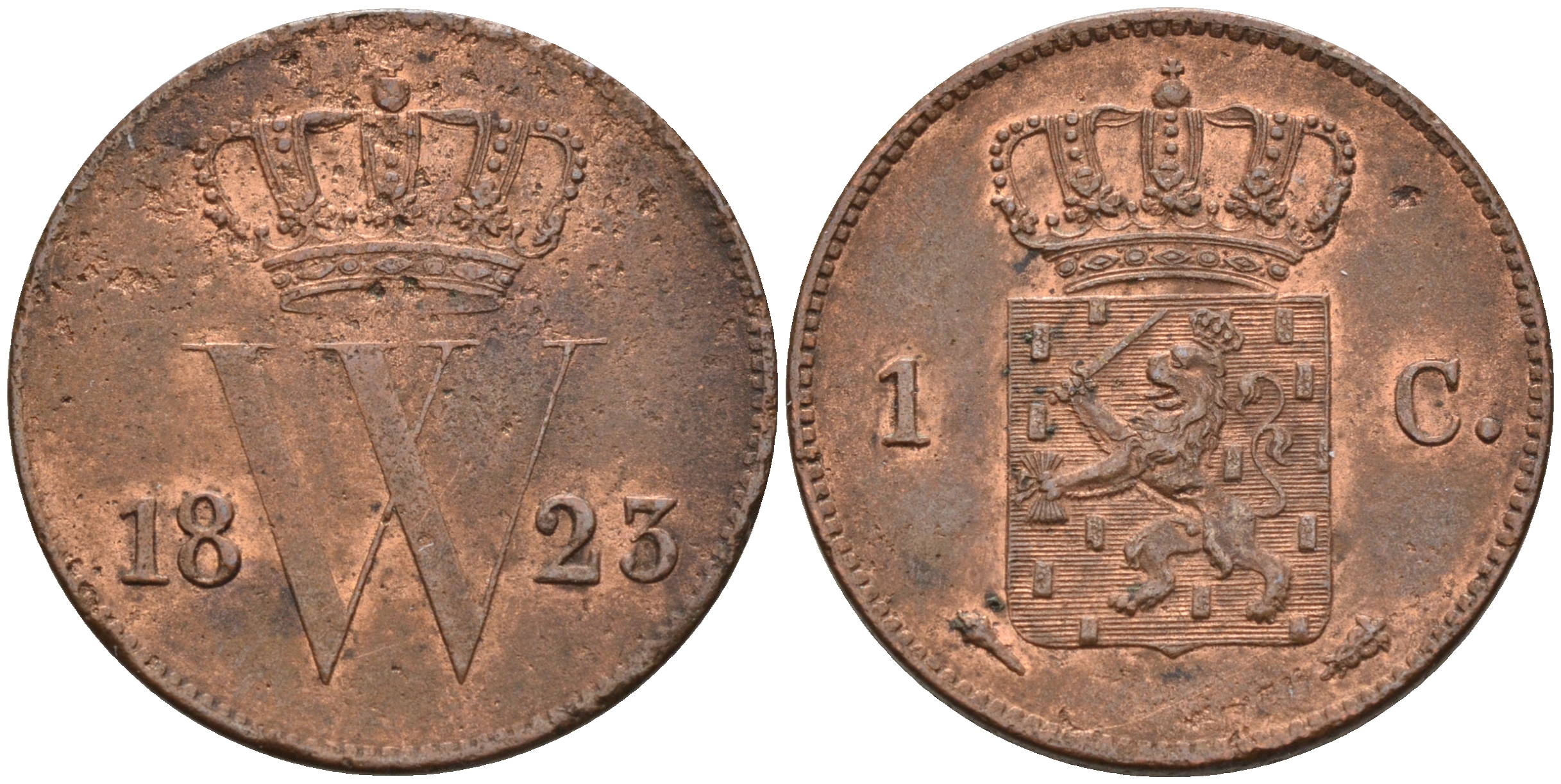 Нидерланды 1 цент 1823 Виллем I KM 47 медь 4595-324