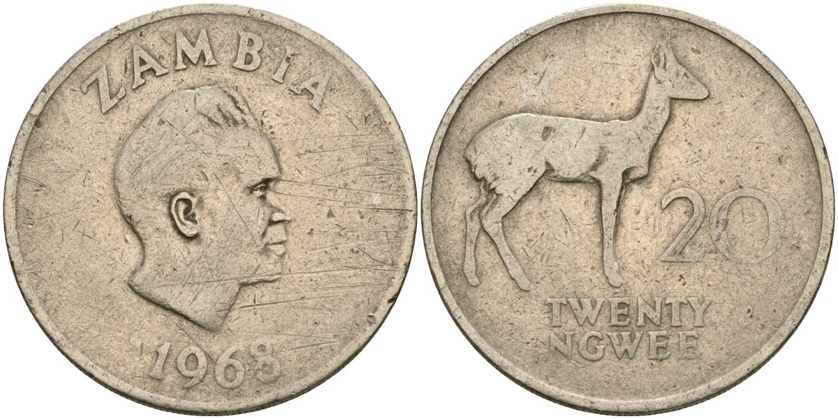 Замбия 20 нгве 1968 Кеннет Каунда, редунки KM 13 медно-никель 4162-121