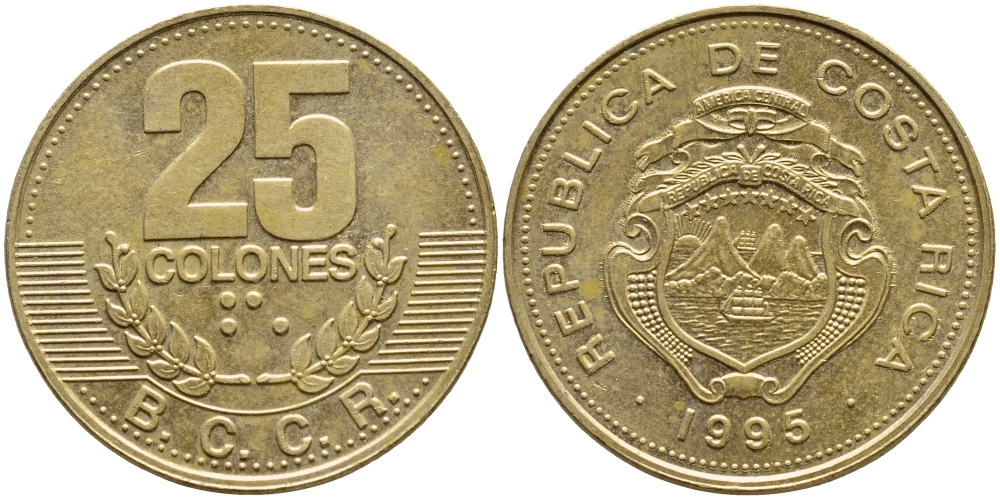 КОСТА-РИКА 25 КОЛОН 1995 B.C.C.R., ГОД ТИП KM 229 сталь плакированная латунью 51-1236