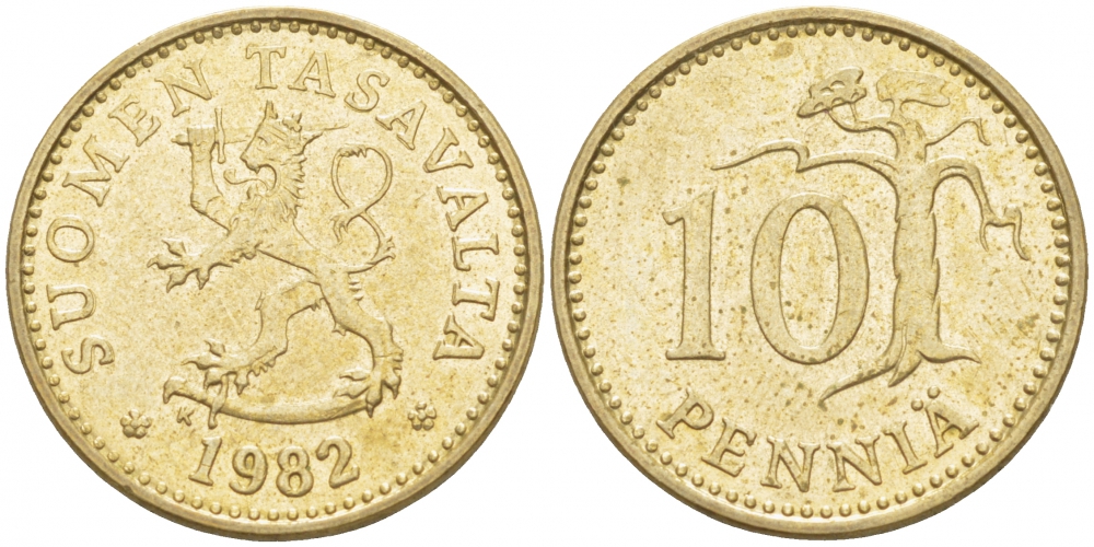 ФИНЛЯНДИЯ 10 ПЕННИ 1982 K KM 46 алюминиевая бронза 3718-141