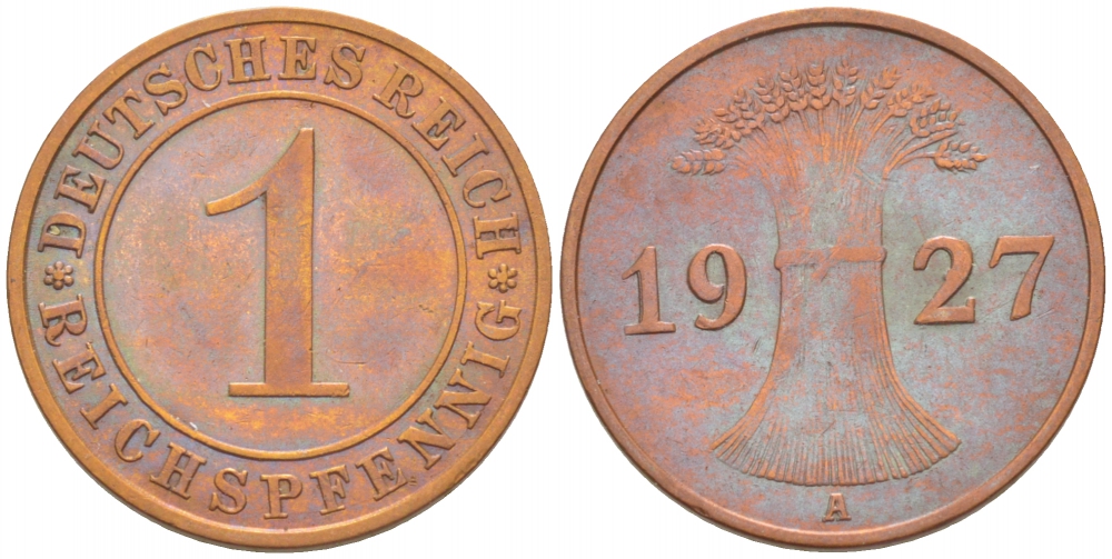 ГЕРМАНИЯ 1 РЕЙХСПФЕННИГ 1927 А KM 37, J. 313 бронза 3718-166