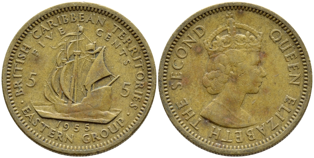 Британские Восточно-Карибские территории 5 центов 1955 Елизавета II (1952-2022), парусник KM 4 никель латунь 89-723