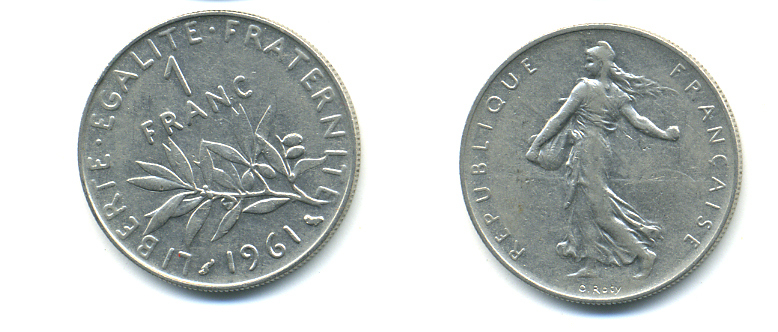 ФРАНЦИЯ 1 ФРАНК 1961 СЕЯТЕЛЬ KM 925.1 никель 86-1812