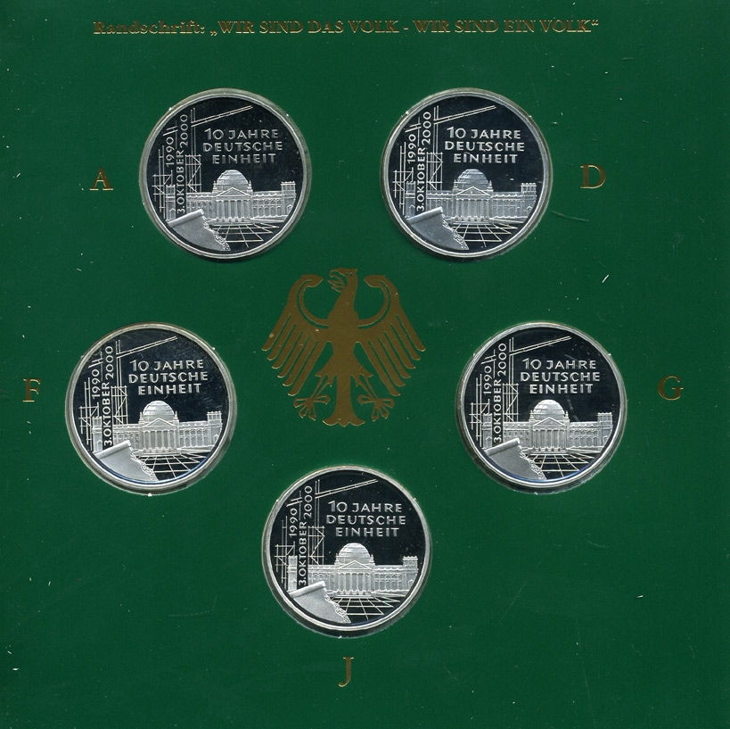 ФРГ набор из 5 штук по 10 марок 2000 A, D, F, G, J, 10 лет немецкого единства KM 201 серебро PROOF 6-5-2-12