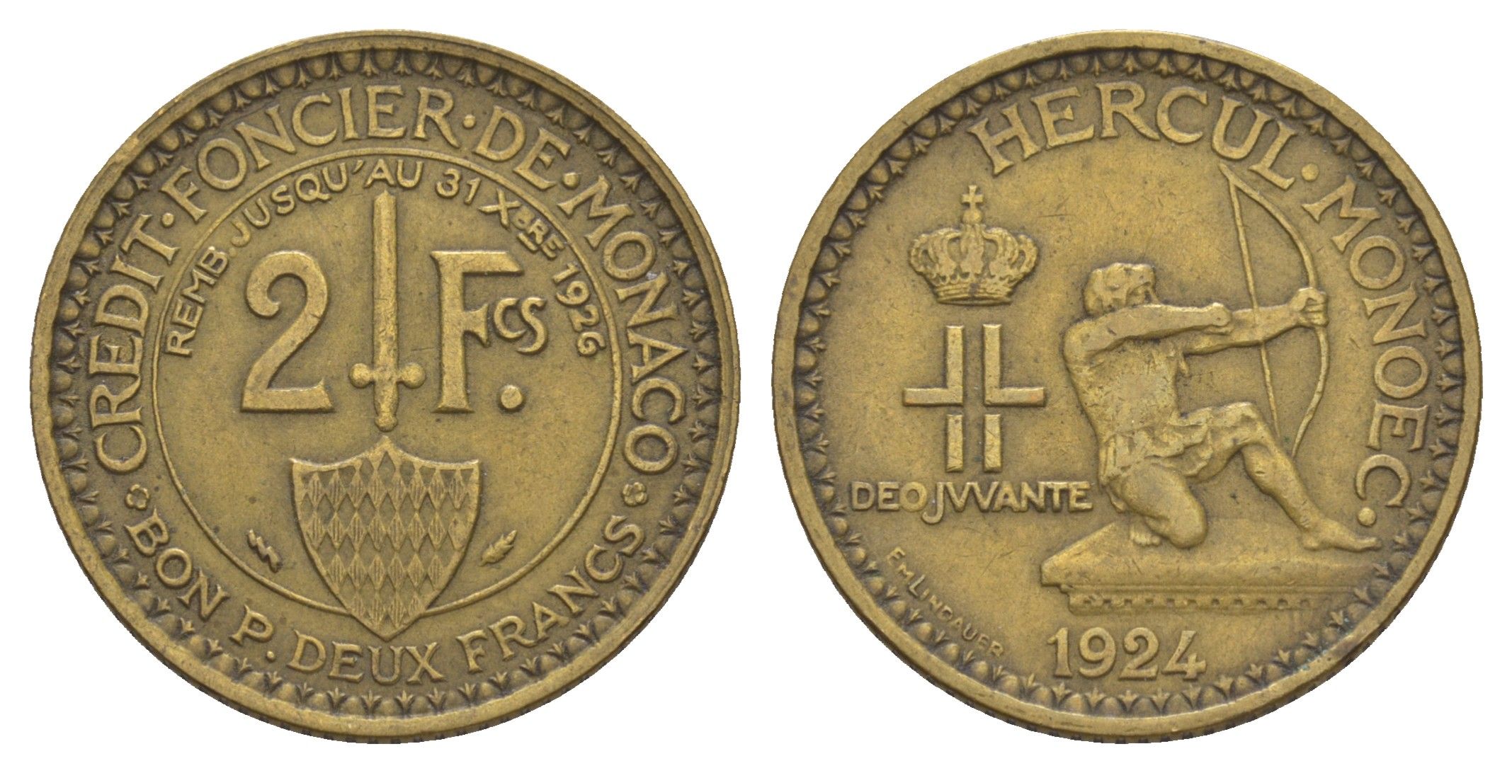 Монако 2 франка 1924 год-тип KM 112 алюминиевая бронза 1523-423