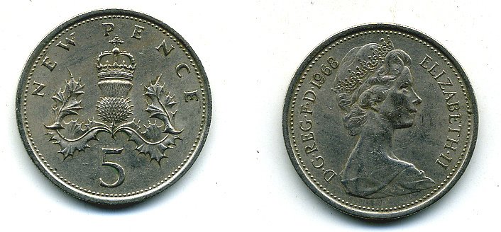 Великобритания 5 пенсов 1968 Елизавета II (1952-2022) KM 911, Spink 4233 (D1) медно-никель 4110-841