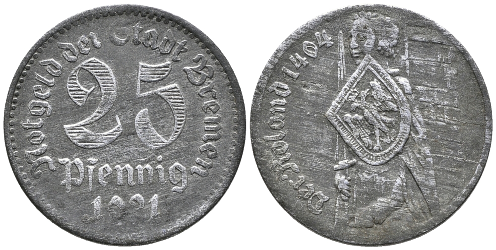 БРЕМЕН 25 ПФЕННИГОВ 1921 НОТГЕЛЬД, СТАТУЯ РОЛАНДА цинк 24-1157