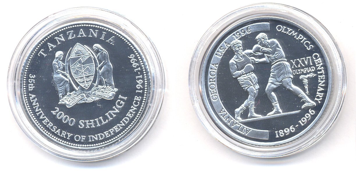Танзания 2000 шиллингов 1996 XXVI Олимпийские игры 1996 года в Атланте, 100 лет Олимпийскому движению, боксеры, пробник, рубчатый гурт алюминий PROOF 06-157-31