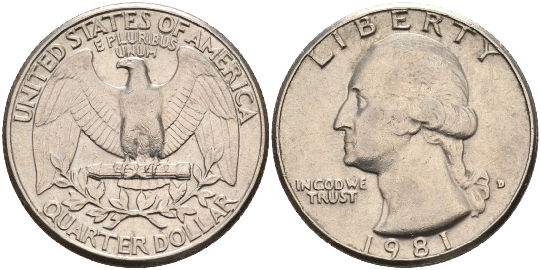 США 25 центов = квотер 1981 D, Вашингтон KM А164а медь плакированная медно-никелем 92-1151