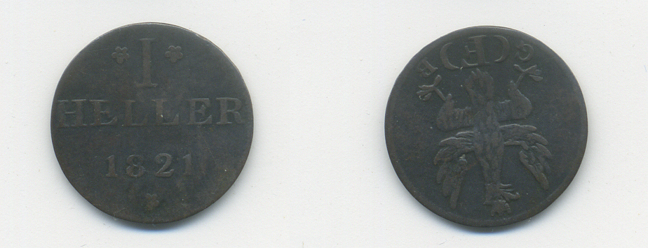 Франкфурт 1 геллер 1821 GB AKS 30, Jaeger 10, KM 301 медь 46-413