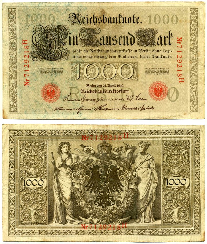 Германия 1000 марок 1910 21 апреля 1910, красная печать, номер семизначный, серия H, буква O Pick 44, Роземберг 45c бумага VF- 8606-41-2-2