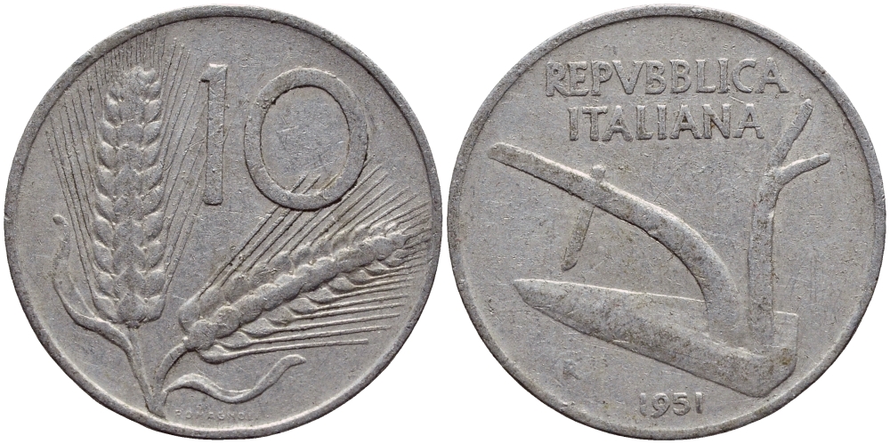 ИТАЛИЯ 10 ЛИР 1951 R, ПЛУГ KM 93 алюминий 4397-526