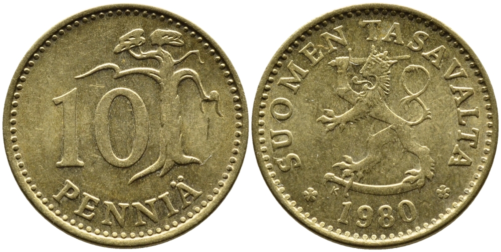 ФИНЛЯНДИЯ 10 ПЕННИ 1980 K KM 46 алюминиевая бронза 46-234
